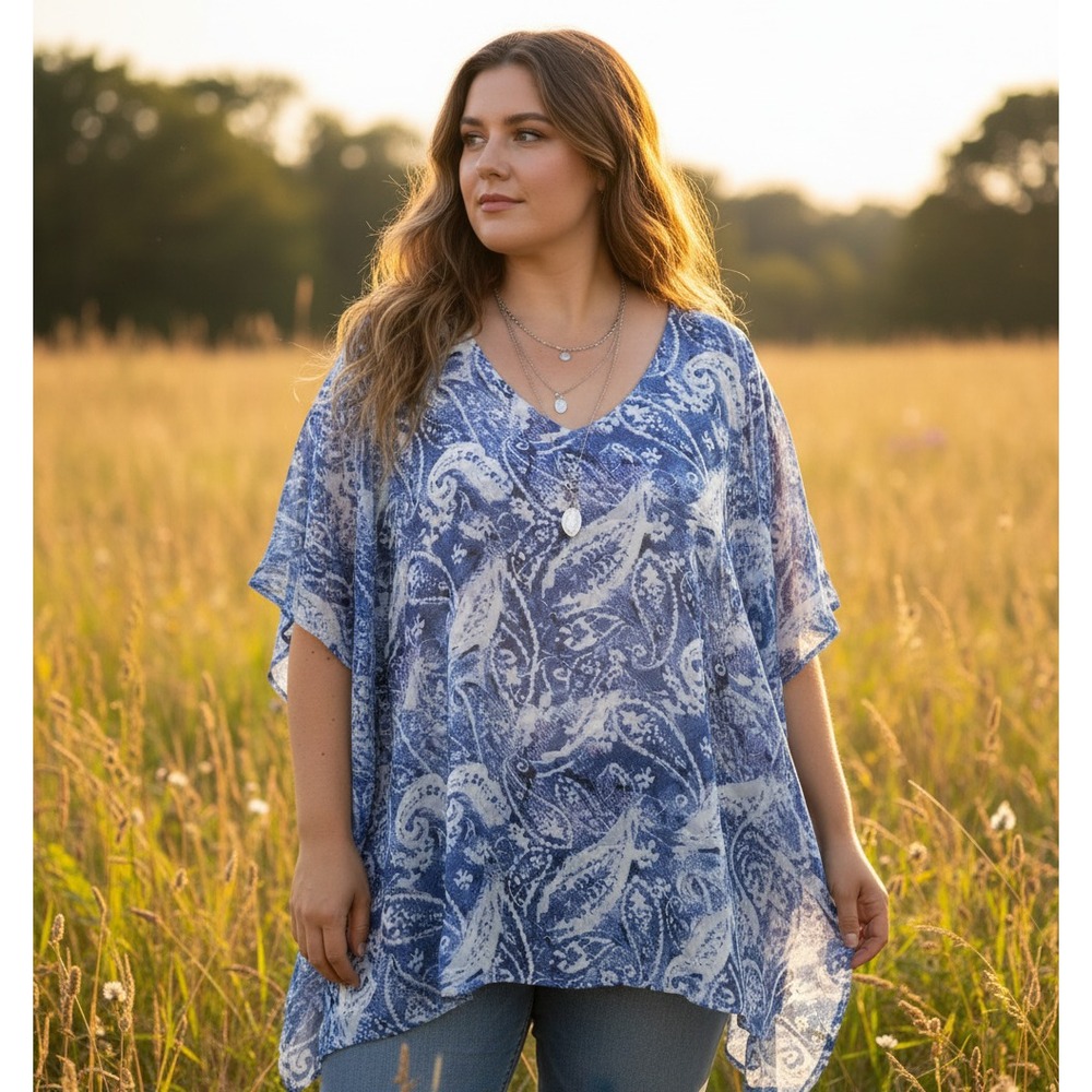 NY Collection 1X Top Blue White Paisley Flutter Flowy Boho Coastal Office Casual